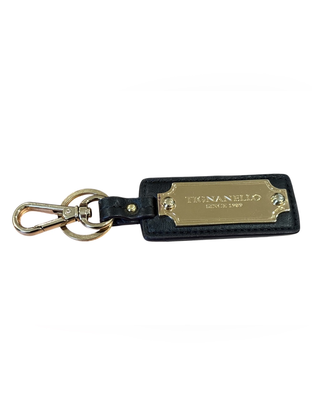 TIGNANELLO BLACK LEATHER GOLD NAMEPLATE KEY FOB BAG CHARM CLIP KEYCHAIN
